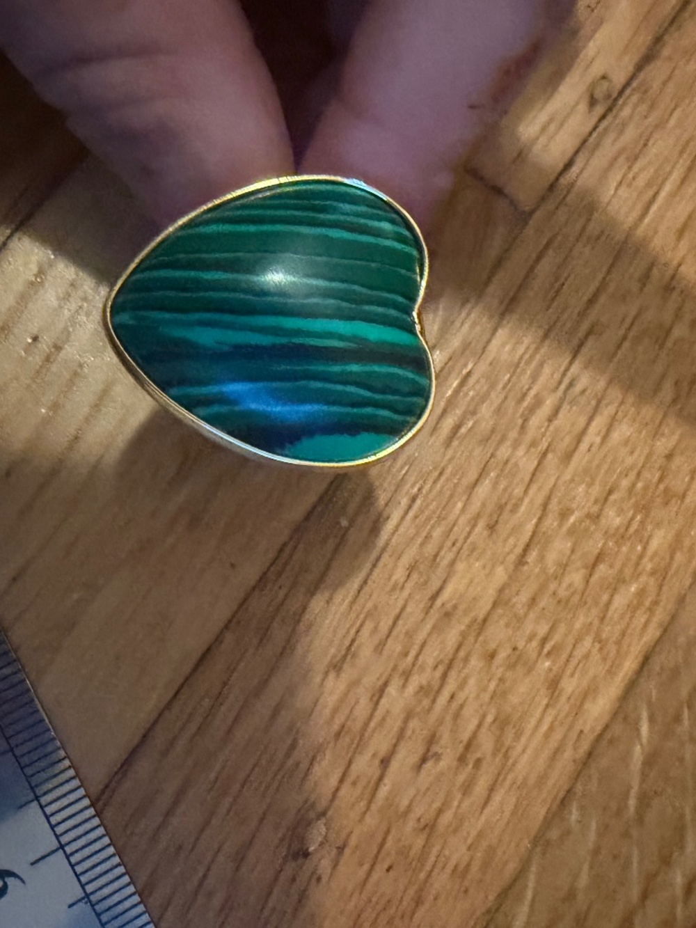 Gold Bezel Green Malachite Style Heart Ring | Chunky Cocktail Statement Ring
